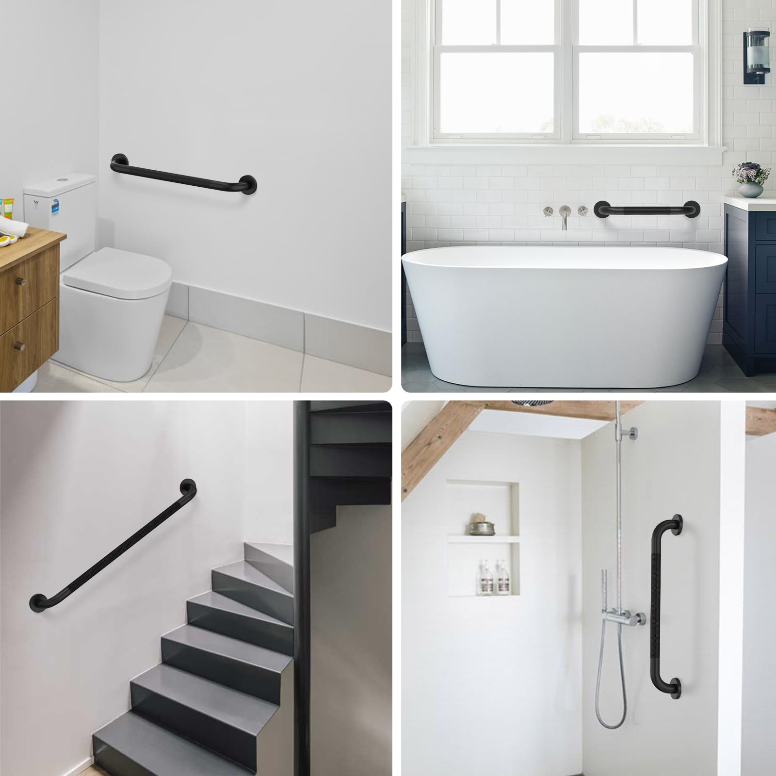 Munzong - Confezione da 3 barre antiscivolo da bagno, 40,6 cm, 61 cm, 81,3 cm, barra di bilanciamento di sicurezza nera, corrimano in acciaio inox per persone anziane