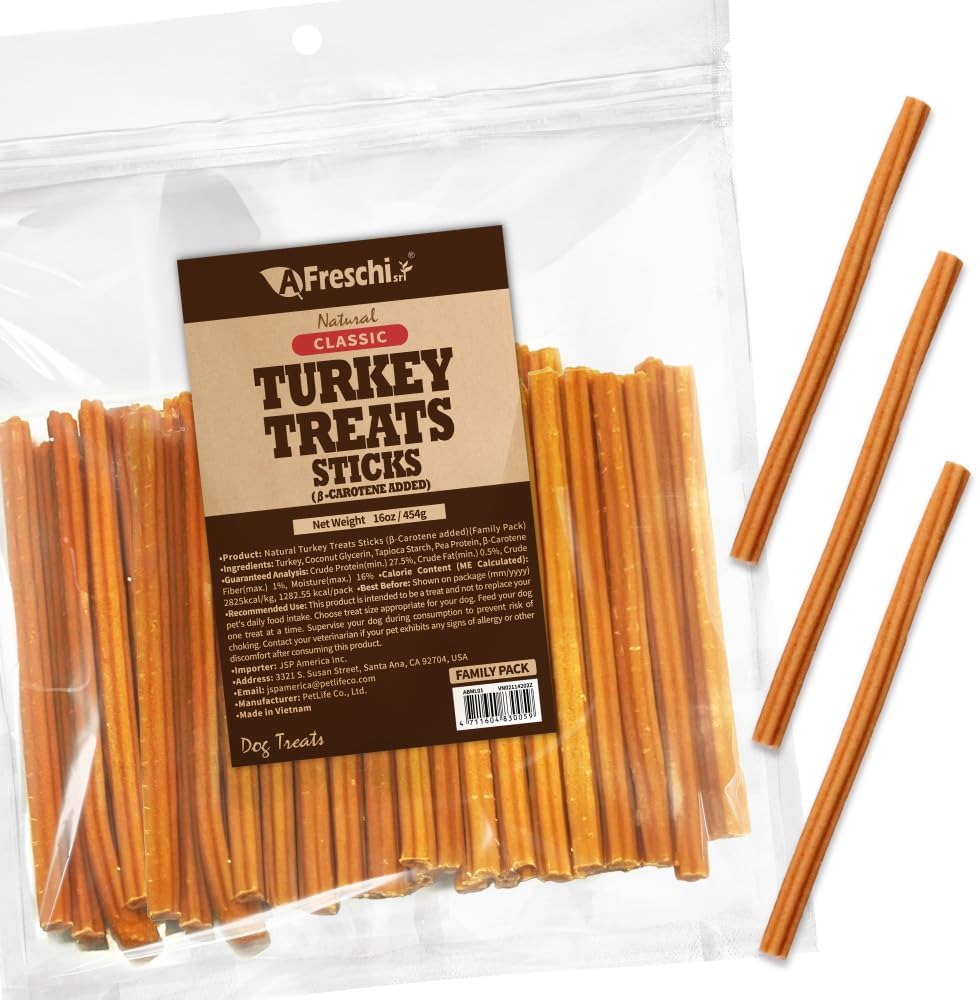 A Freschi srl Turkey Dog Treats, USA-Sourced Trukey, All-Natural, Hypoallergenic, Low-Fat, Healthy & Easily Digestible, Puppy & Training Snack, β-Carotene Stick 16 oz