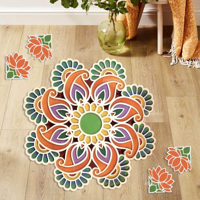Image of Divyakosh Rangoli Making Stencils,11 Inch, Rangoli Mat (Style -Leaf with 4 Pcs Small Lotus)| Reusable Rangoli Mats for Decoration, Diwali Decoration Items, Rangoli Stencils|