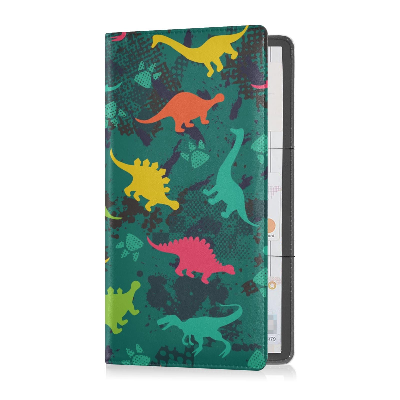 GuoChe Car Registration and Insurance Card Holder Cute Colorful Dinosaurs Green PU Leather License Registration Holder for Driver License Insurance Card Paperwork for Men Women, 1 size