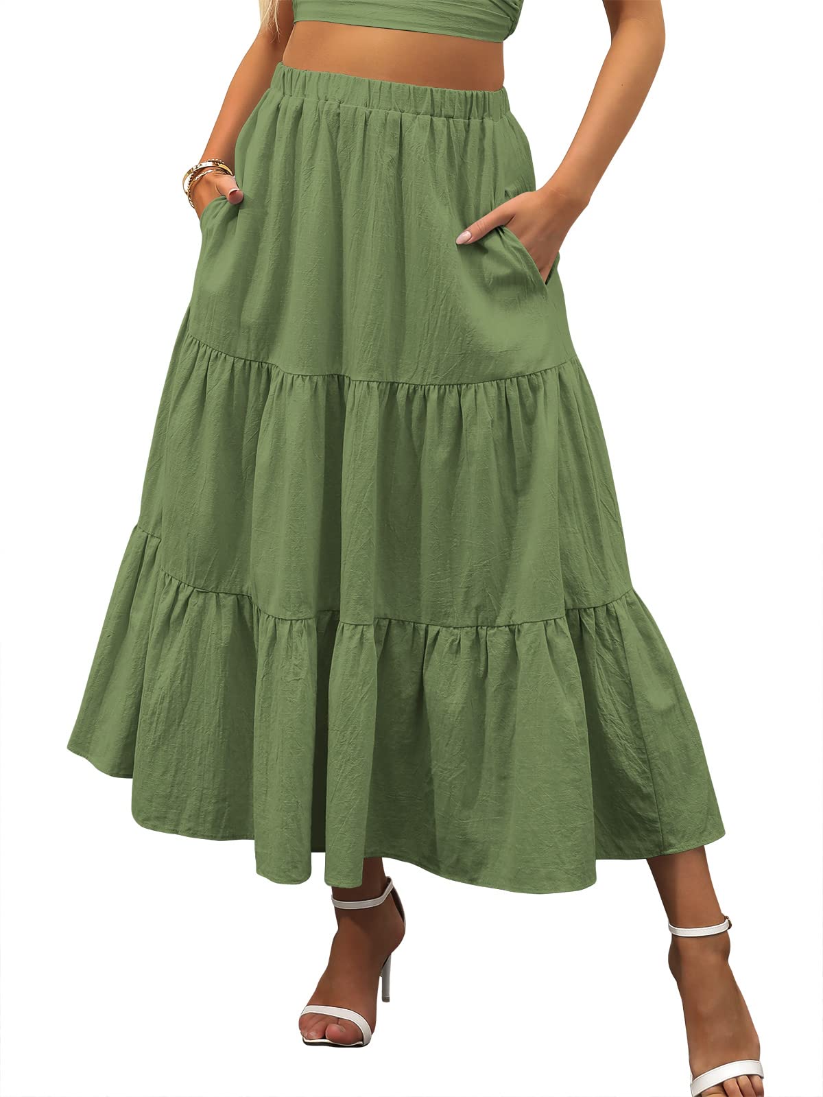 ANRABESSWomen’s Summer Boho Flowy Swing Tiered A-Line Maxi Skirt 2025 Fashion Trendy Elastic Waist Pleated Long Beach Dress