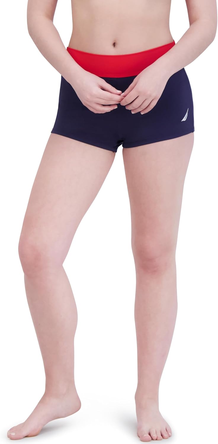 Nautica Women's Tummy Control Shorts & Boy-Leg Bikini Bottom – Swim, Workout, Yoga, Beachwear, Navy Red, Large