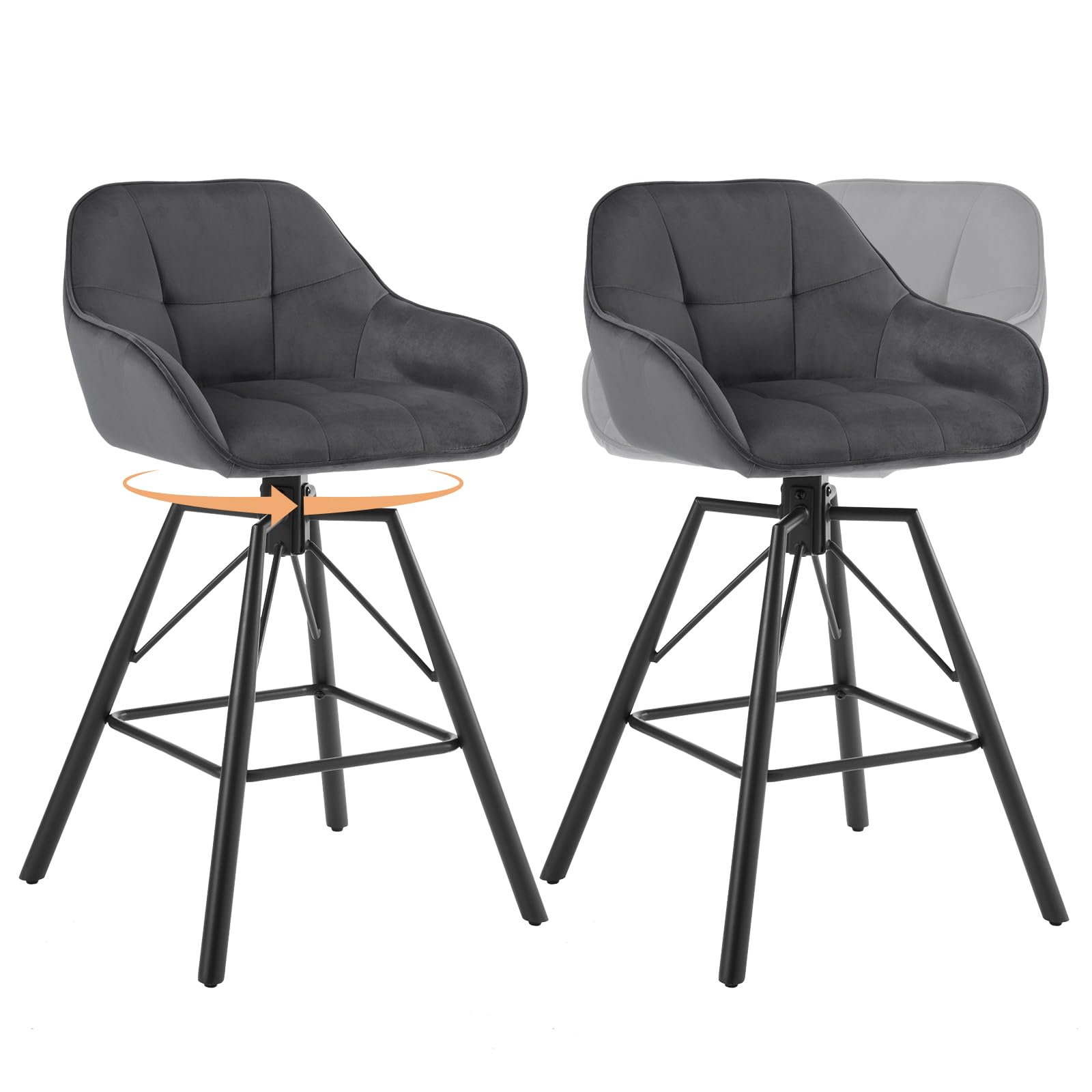 WOLTU Barhocker 2er Set, 360°drehbar Barstuhl Bistrohocker mit Rückenlehne Tresenhocker mit Lehne Fußstütze 4 Beinen, drehbar, gepolstert, Samt Metall, Dunkelgrau, BH397dgr-2