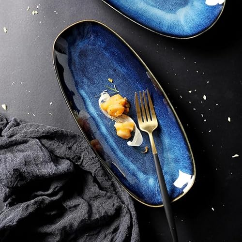 YMZJ 餃子皿 プレート 寿司皿 刺身皿 和食器 仕切りお皿 陶器 和風 ブルー おしゃれ 可愛い モダン カフェ食器 食洗機対応 電子レンジ対応 ディナープレート 軽量 洋食器 スタッキング可能 飲食店 家庭用 焼き物皿 (28.1cm) [並行輸入品
