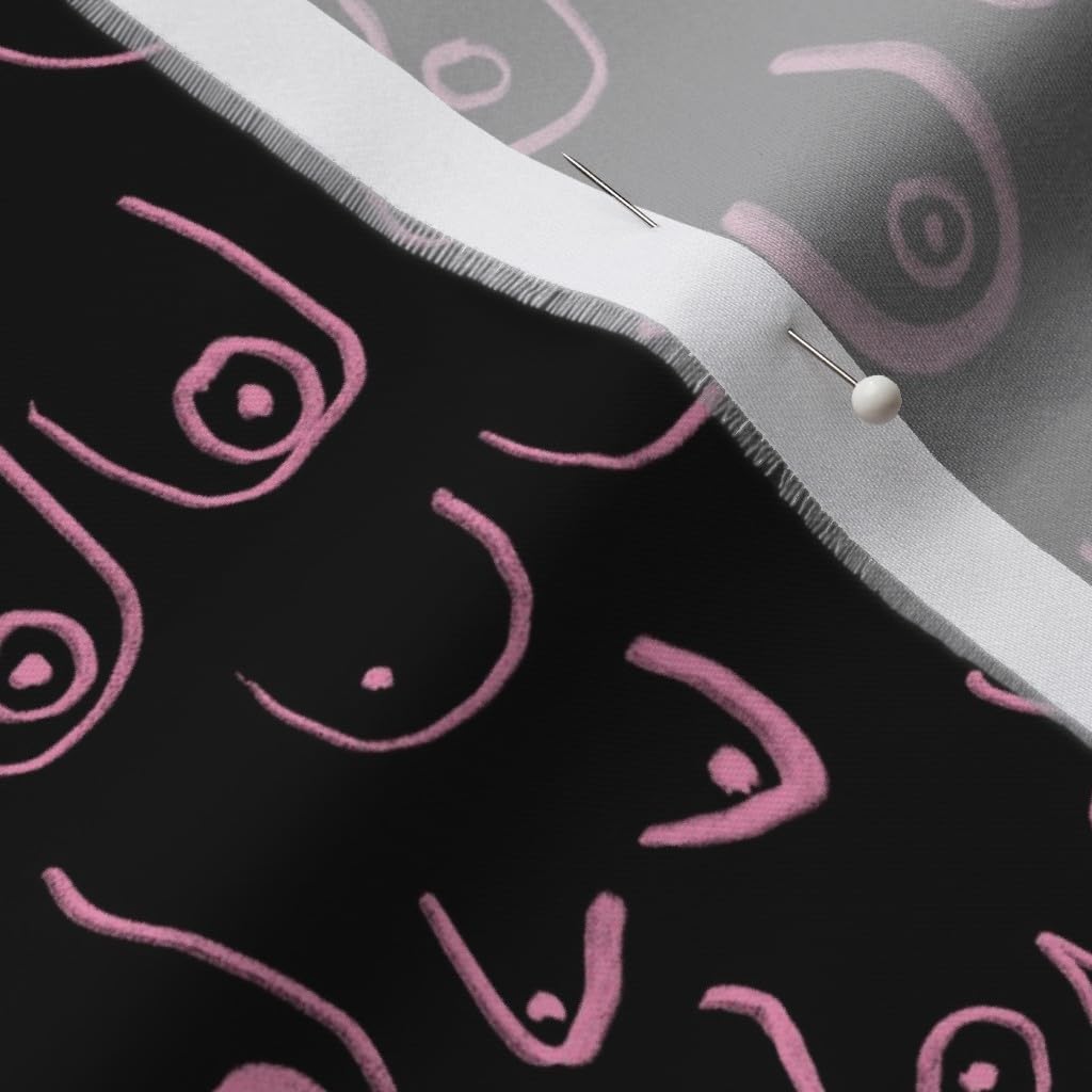 Spoonflower Fabric - Boobs Pink Black Feminine Breast Cancer Awareness Printed on Organic Cotton Sateen Fabric by The Yard - Sewing Quilting Apparel Home Decor