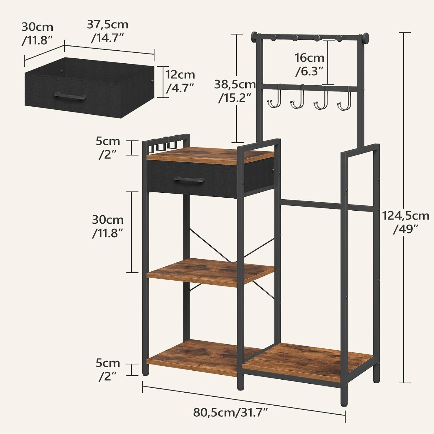 MAHANCRIS Tall Purse Organizer Rack for Closet, Handbag Storage Stand with 11 Hooks & Shelves, Floor Standing Bag Organizer for Small Spaces, Multi-Purpose Handbag Holder for Bedroom, Rustic Brown