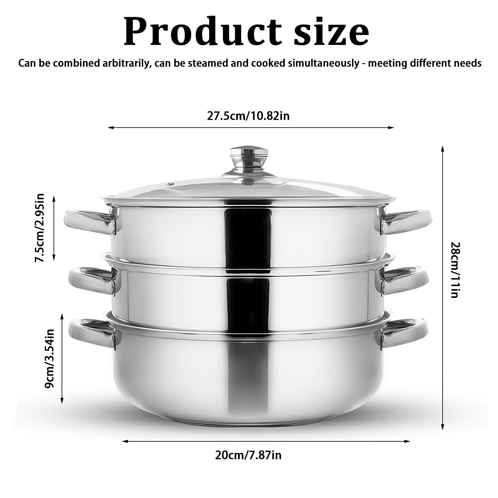 Pentola a Vapore In Acciaio Inox, 28 cm Vaporiera Pentola per Cucinare con Inserto a Vapore e Coperchio in Vetro, a Induzione a 3/4 Strati, per Zuppe, Pasta, Pesce (Tre)
