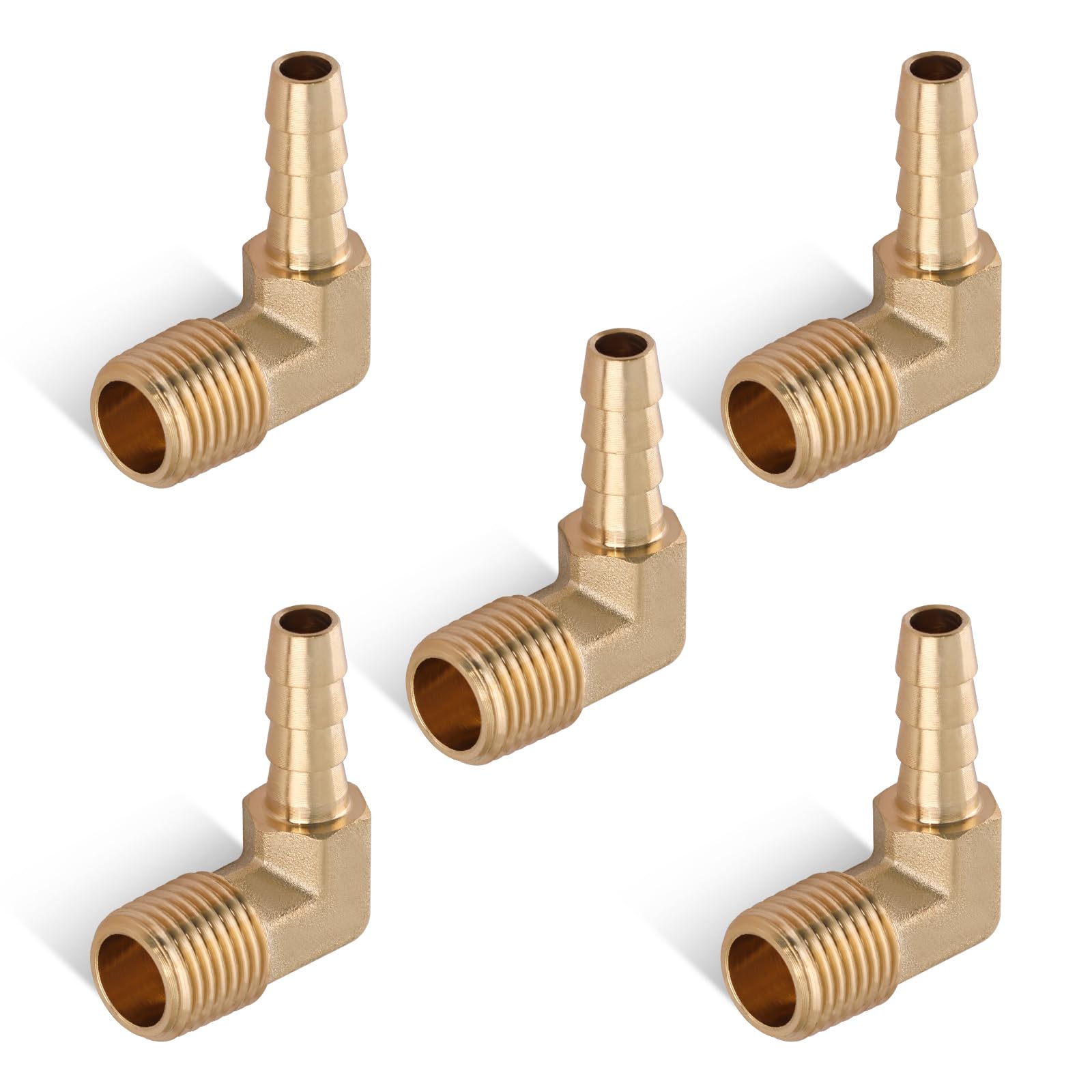 5pcs Brass Hose Barb Fittings 90 Degree Elbow 1/4 Inch to 1/4 Inch NPT Male Thread Adapter Connector for Air, Water, Fuel Line
