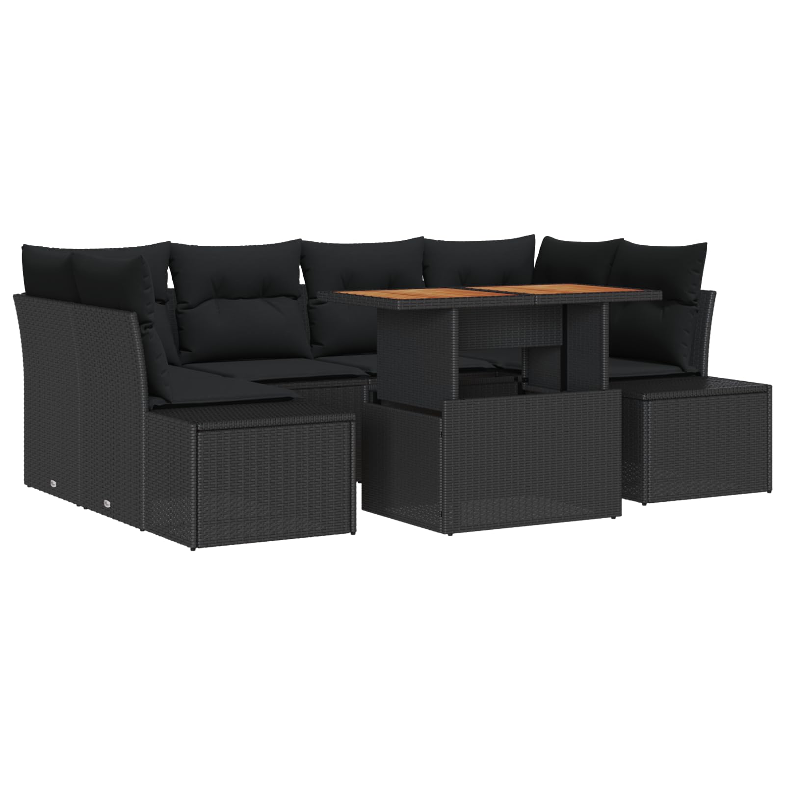 7-TLG. Garten-Essgruppe mit Kissen Schwarz Poly Rattan Akazie, 7-teiliges Esszimmer-Set für draußen mit Tisch und modularen Sitzeinheiten, wetterfestes UV-geschütztes