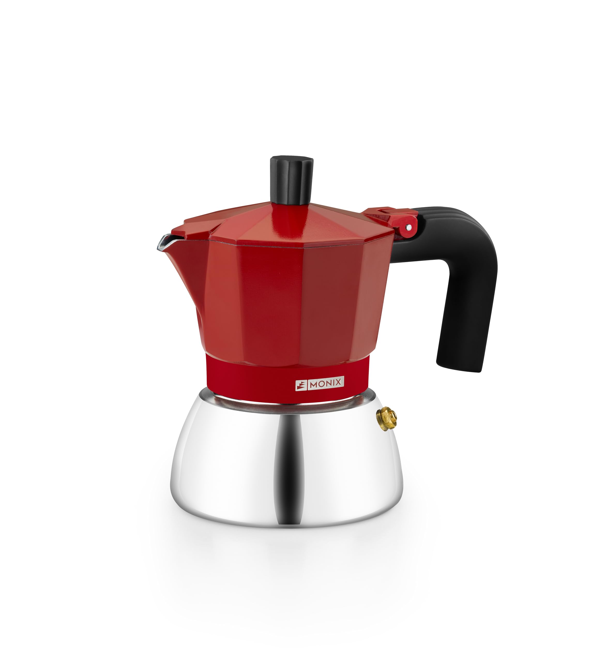 Monix Induction Inox | Italian Aluminium and Stainless Steel Coffee Maker 3 Cup Capacity Heat Resistant Handle Suitable for All Hobs Including Induction - Red