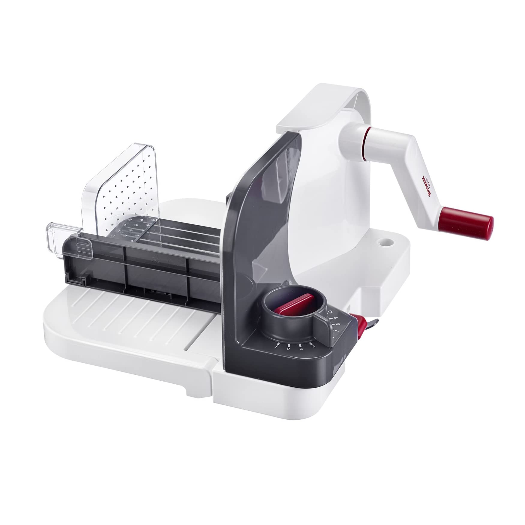 Westmark Taglierina Universale, Spessore di Taglio Regolabile in Continuo, Coltello Rotondo Molto affilato, plastica/Acciaio Inossidabile, Compatto, Bianco/Antracite/Rosso, 97012260