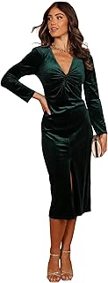 Women's Lisse Twist Front Long Sleeve Velvet Midi Dress-Emerald