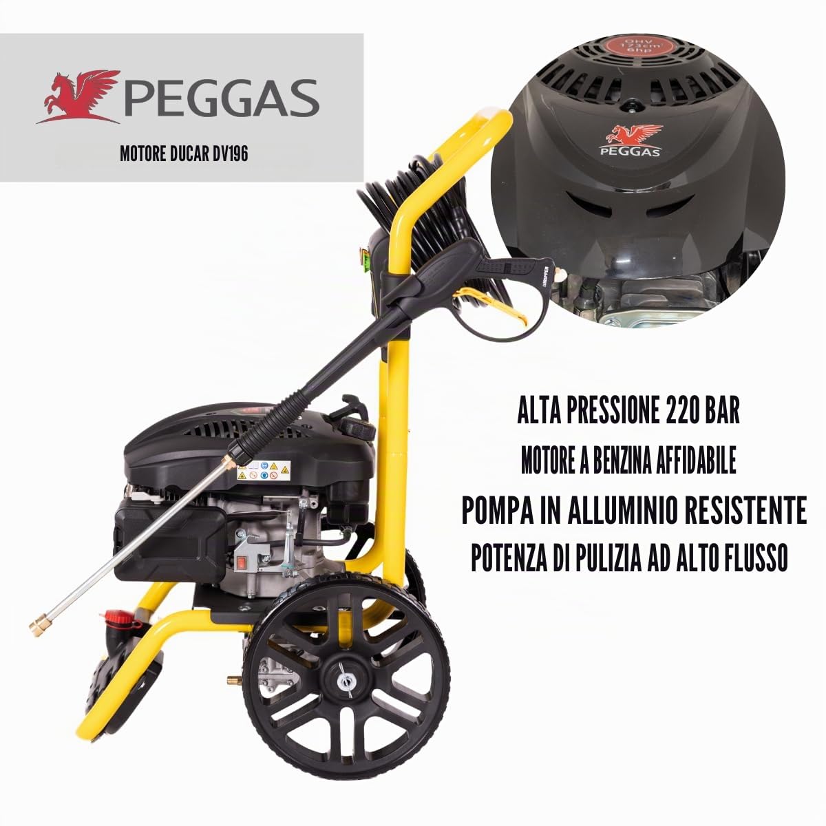 Idropulitrice a benzina 3200 PSI (220 Bar), Ducar DV196 196cc 4.3HP idropulitrice a gas ad alta pressione per auto, patio e giardino, WASPPER W3200VA