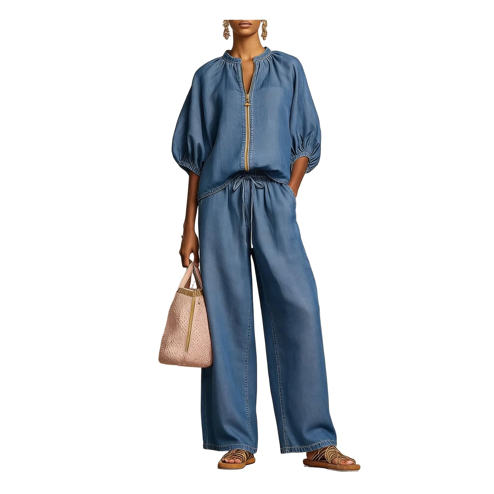 Generisch Elegante set da donna in due pezzi semplice e comodo per la primavera, top con cerniera frontale e pantaloni a gamba larga, abbigliamento sportivo estivo casual e semplice