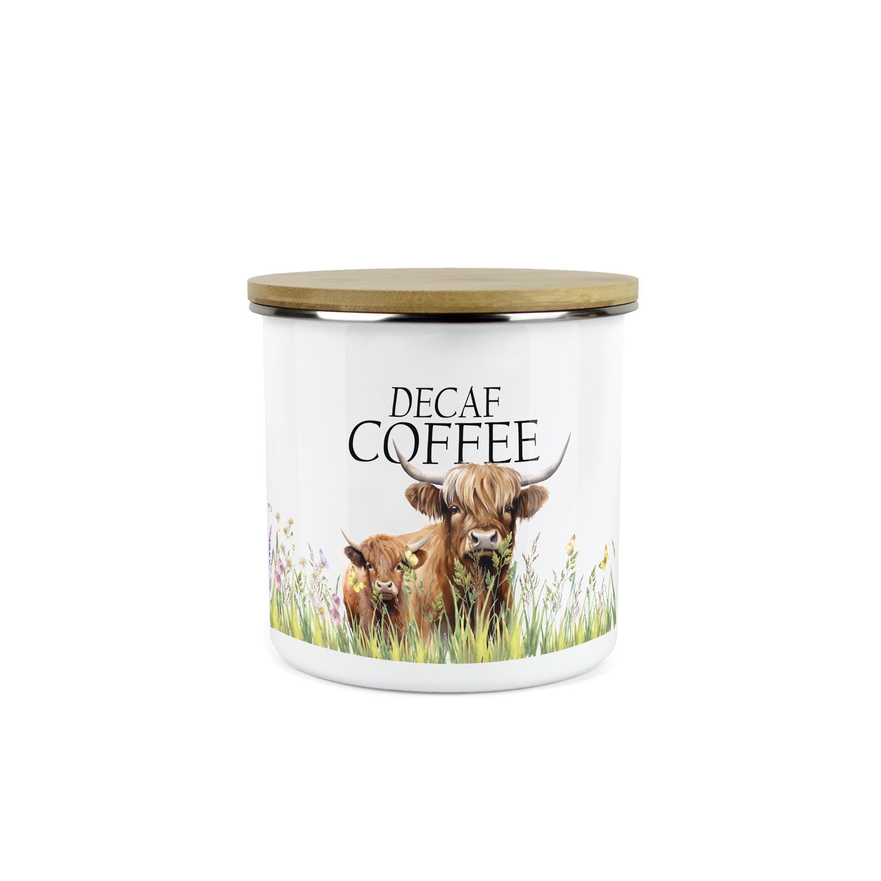 Purely Home Highland Cow & Calf Decaf Coffee - Country Farm - White Metal Enamel Medium Sized Kitchen Food Storage Container โ image 1