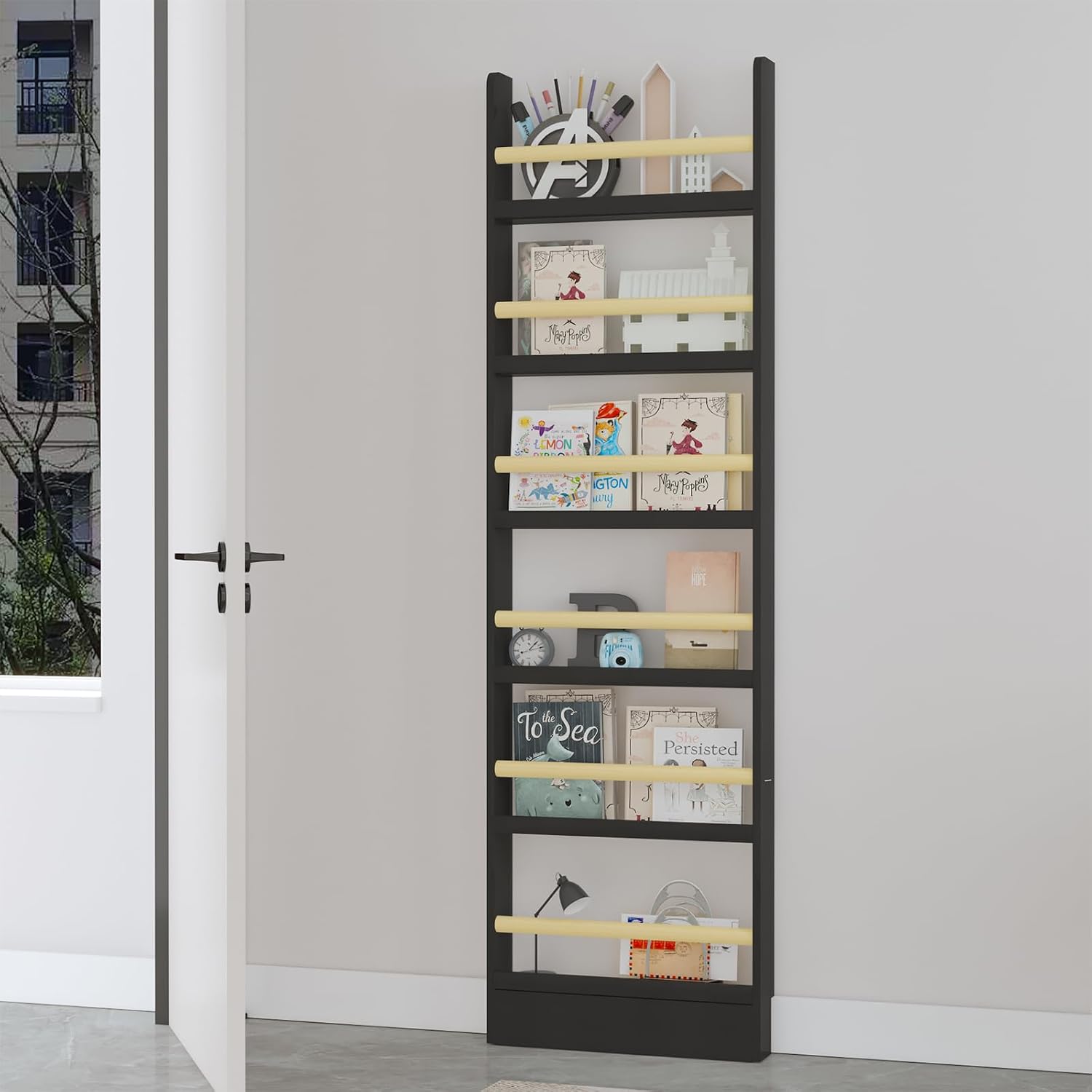 Book Shelf, Behind The Door Bookshelf, Wooden Kids Book Shelf 3/4/5/6 Tier, for Toys and Books, Space-Saving Wall Mount Narrow