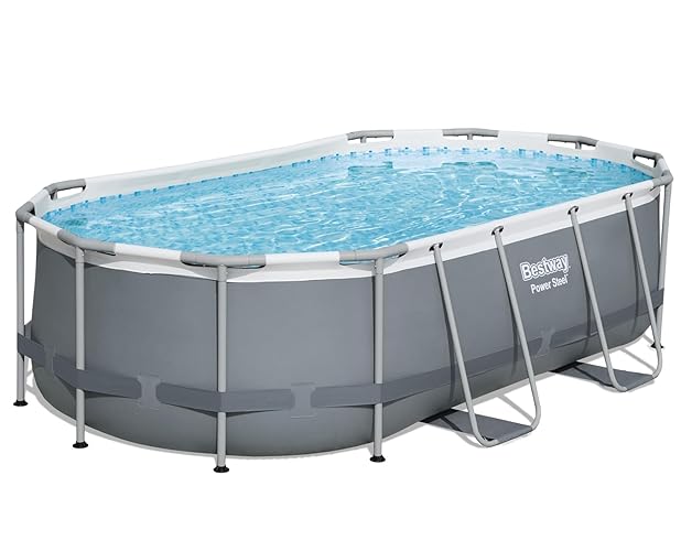 Bestway 56631E-BW Power Steel Oval Frame Above Ground Backyard Summer Swimming Pool Set with Filter Pump and Safety Ladder, 14' x 8' x 39" (Gray)