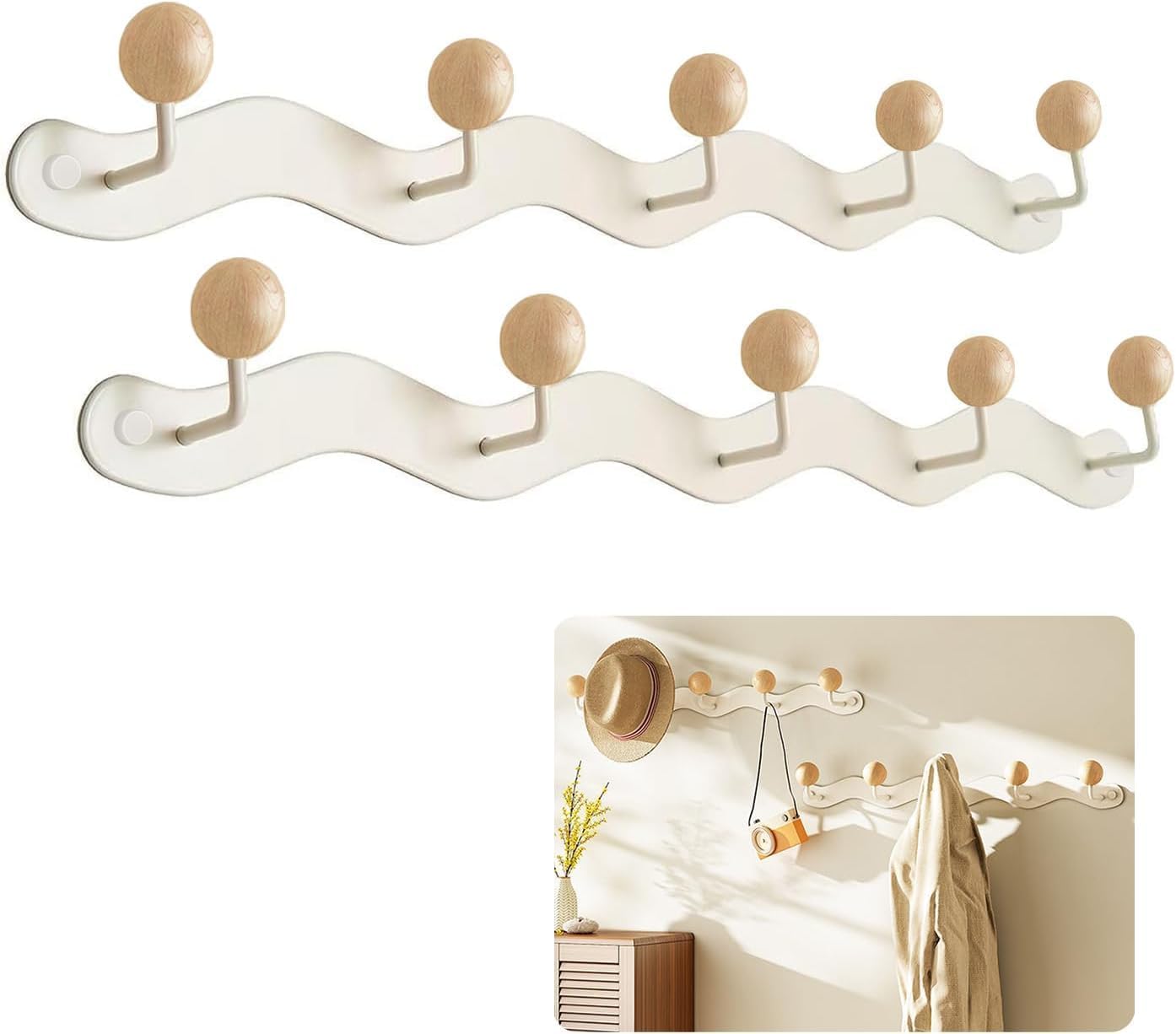 2 Pack Coat Rack Wall Mount,White Wall Hooks,Anti-Tear Wooden Ball Hook Rail, Heavy Duty Metal Coat Hanger Wall Mount for Entryway, Bathroom, Bedroom, Kitchen(White)
