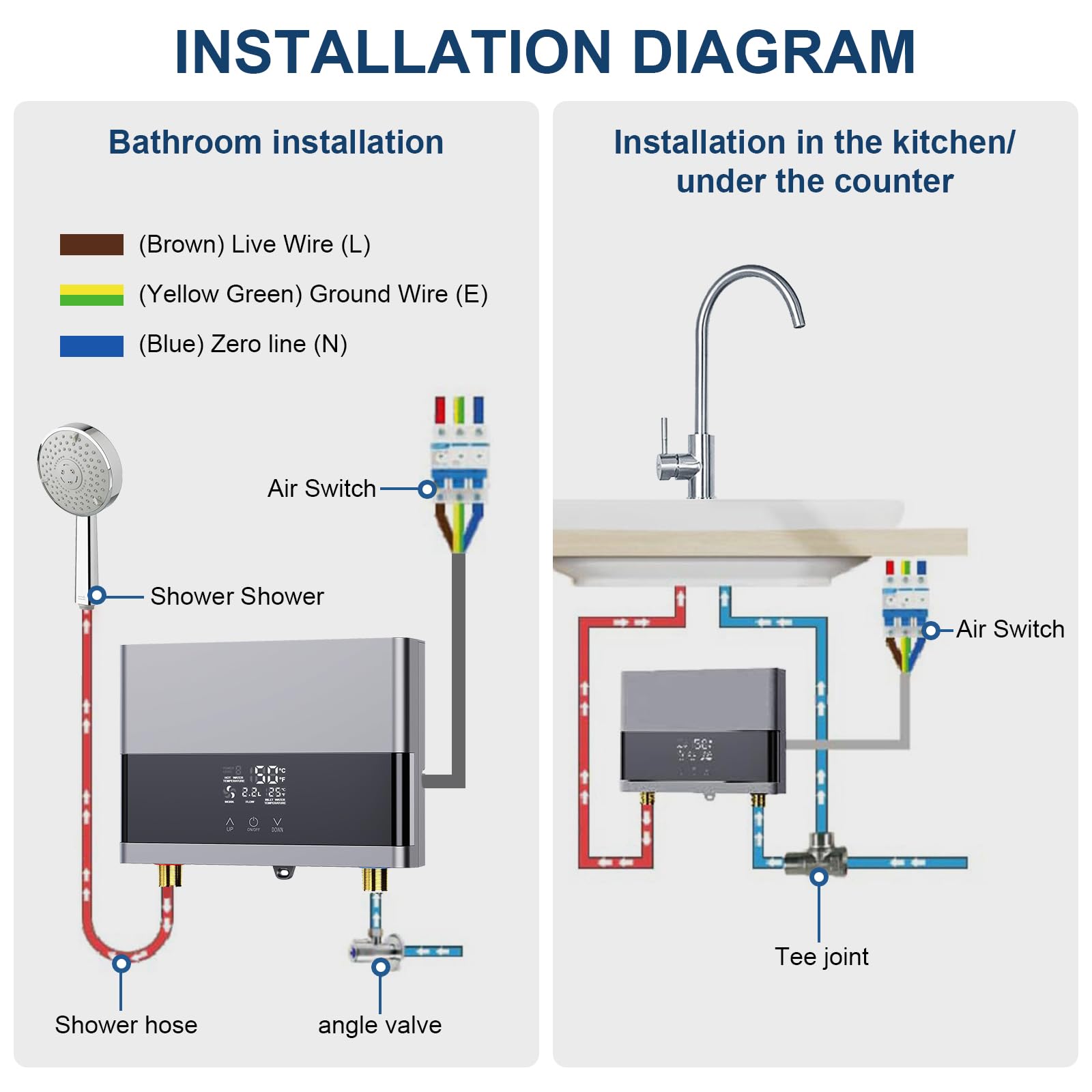 Chauffe-eau électriques 220V 6000W, Chauffe-eau électrique sans réservoir, Petit chauffe-eau instantané électrique économie d'eau Avec écran numérique, Pour cuisine, salle de bain, lavage (Sliver)