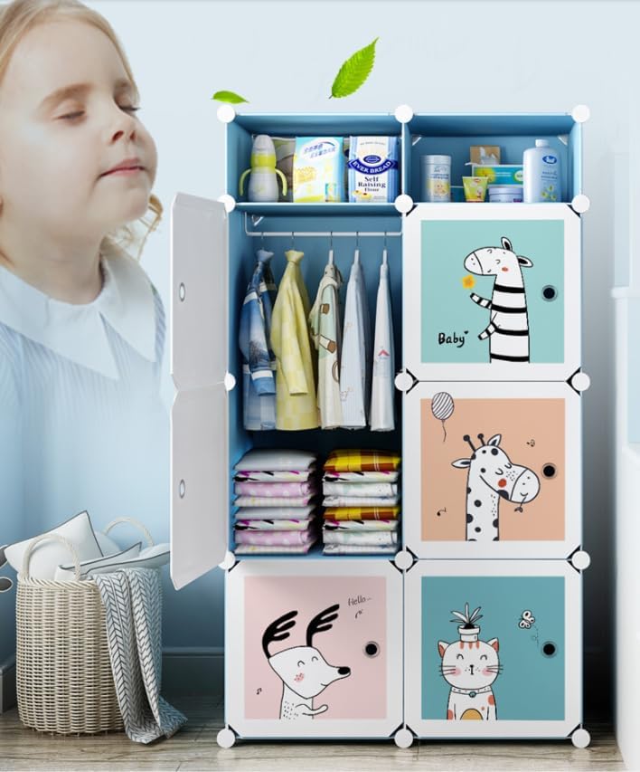 Image of Sunderlook Plastic Wardrobe for Kids Clothes - Professional Collapsible Wardrobe, Easy to Use Foldable Almirah, Plastic Cupboard for Kids for Home (Blue-U5, 6 + 2 Door)