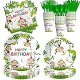 HIPVVILD Monkey Birthday Decorations Tableware, Wild Jungle Animal Monkey Theme Party Supplies for Birthday Baby Shower, Paper Plate, Cup, Napkin, Cutlery, Serves 24