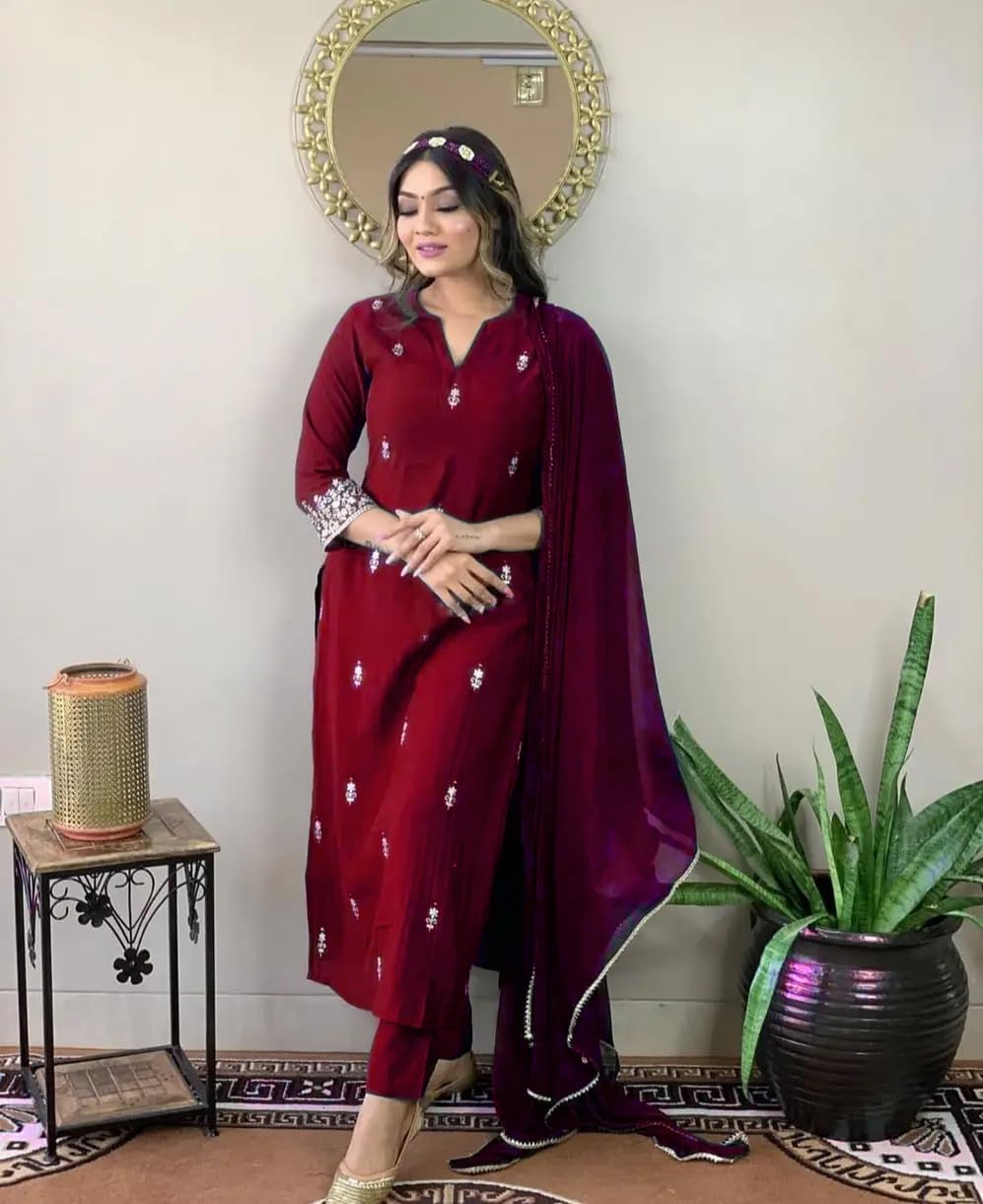 Women Premium Collection Rayon Embroidered Straight Kurta Pant Dupatta Festive Ethnic Apparel Set-picture-22