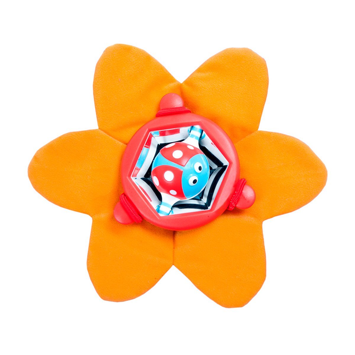 Close-up of the orange flower toy with a ladybug spinner on the Yookidoo Discovery Playmat