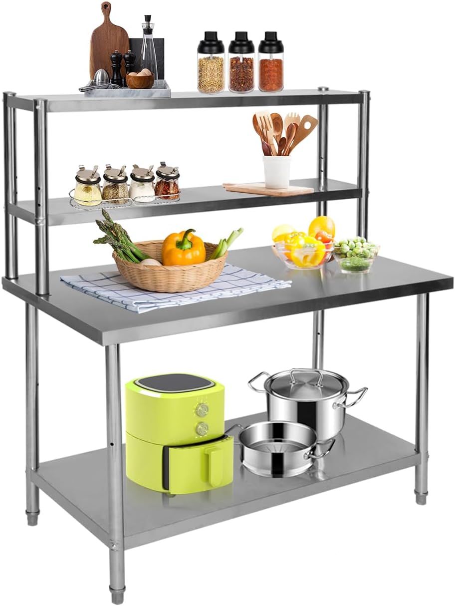 biosp Stainless Steel Table with Overshelves, Metal Kitchen Prep Table, Adjustable Lower Shelf, 48'' x 24'' Commercial Workbench with 48'' x 12'' Shelf for Home Kitchen Restaurant Garage Warehouse