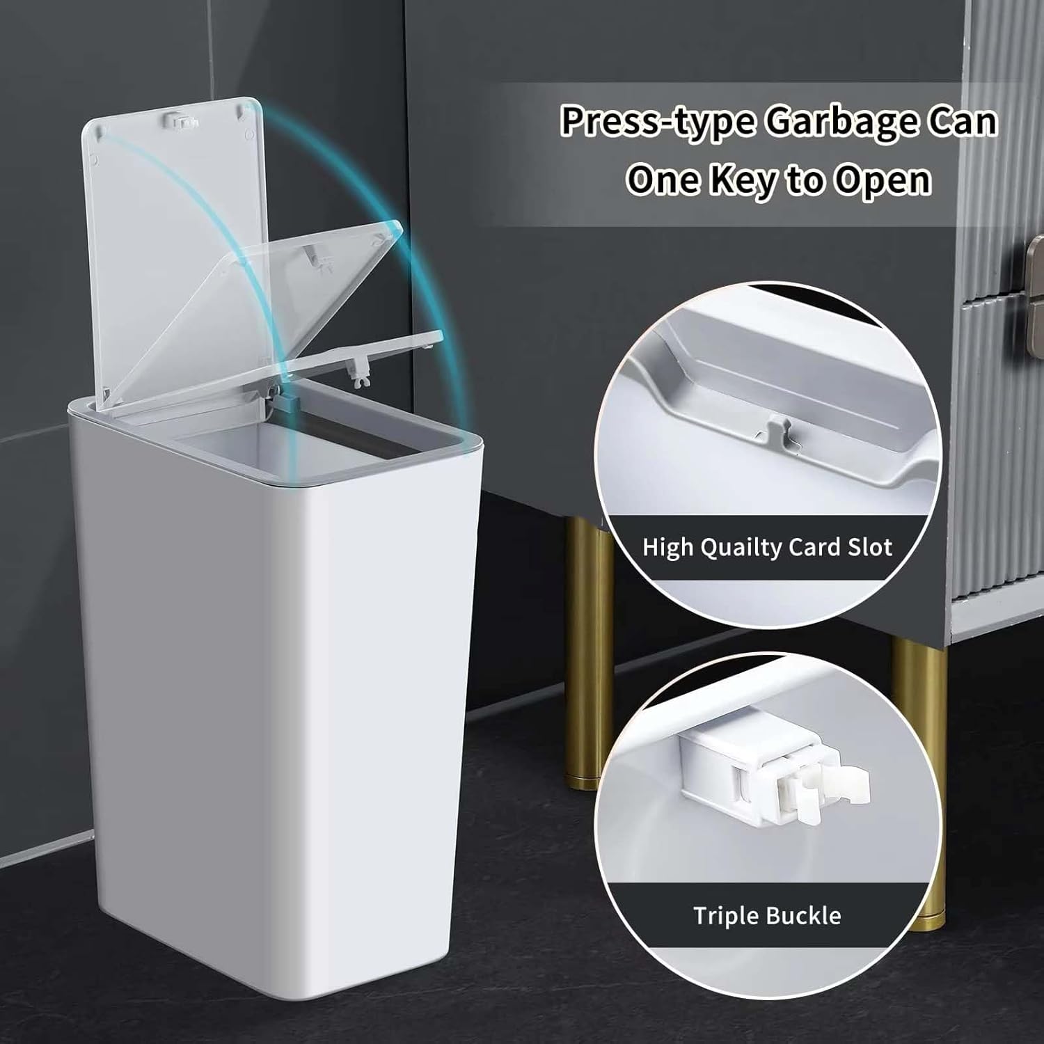 2 Pack Bathroom Trash Can, 4.0 Gallon / 15 Liter Small Garbage Can with Press Top Lid, Plastic Wastebasket with Pop-up Lid for Toilet, Office, Bedroom, Living Room, White