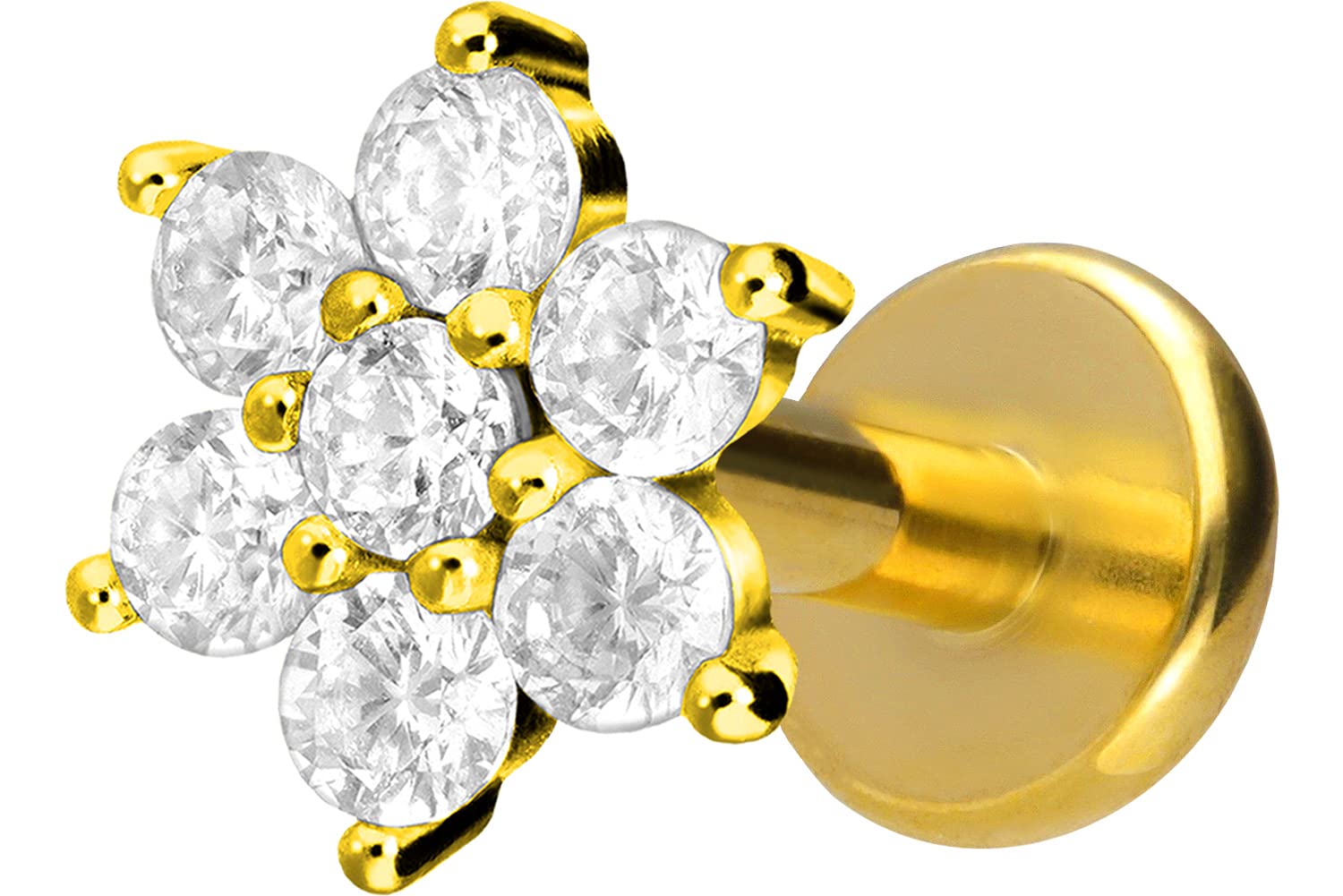 PIERCINGLINE Piercing labret de titanio con rosca interior, flor de cristal, piercing para labio, nariz, oreja, hélix, color y tamaño a elegir, Titanio,