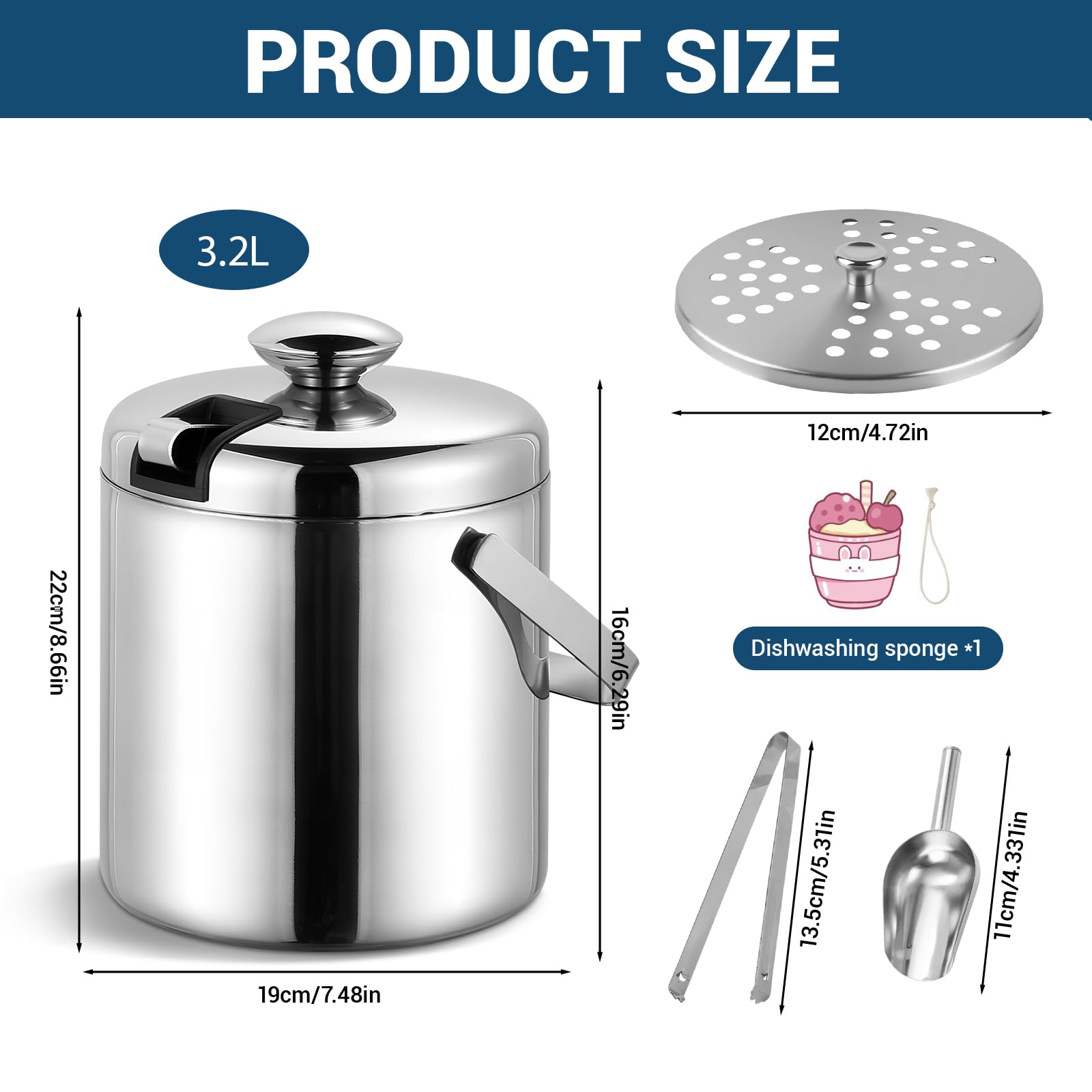 USHOP 3.2L Secchiello Ghiaccio in Acciaio Inox,Secchiello per Ghiaccio a Doppia Parete in Acciaio Inox con Manico Pinze Coperchio e Filtro,Ideale per Bar Domestici,Feste e Servizio Cocktail