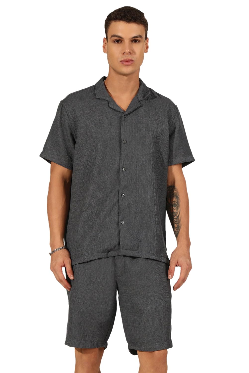 showoffff SHOWOFF Men's Grey Cuban Collar Shirt & Shorts Co-ord Set -RONG-4711_Grey-picture-34