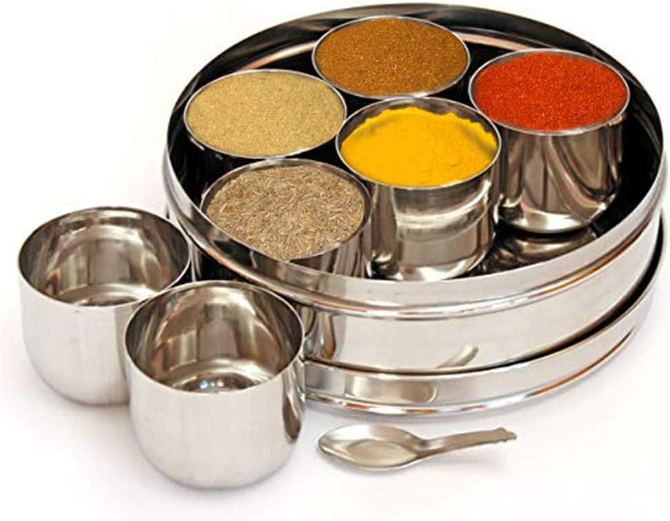 Stainless Steel Masala Dabba Spice Box,Spice Containers Masala Dabba 7 Compartments