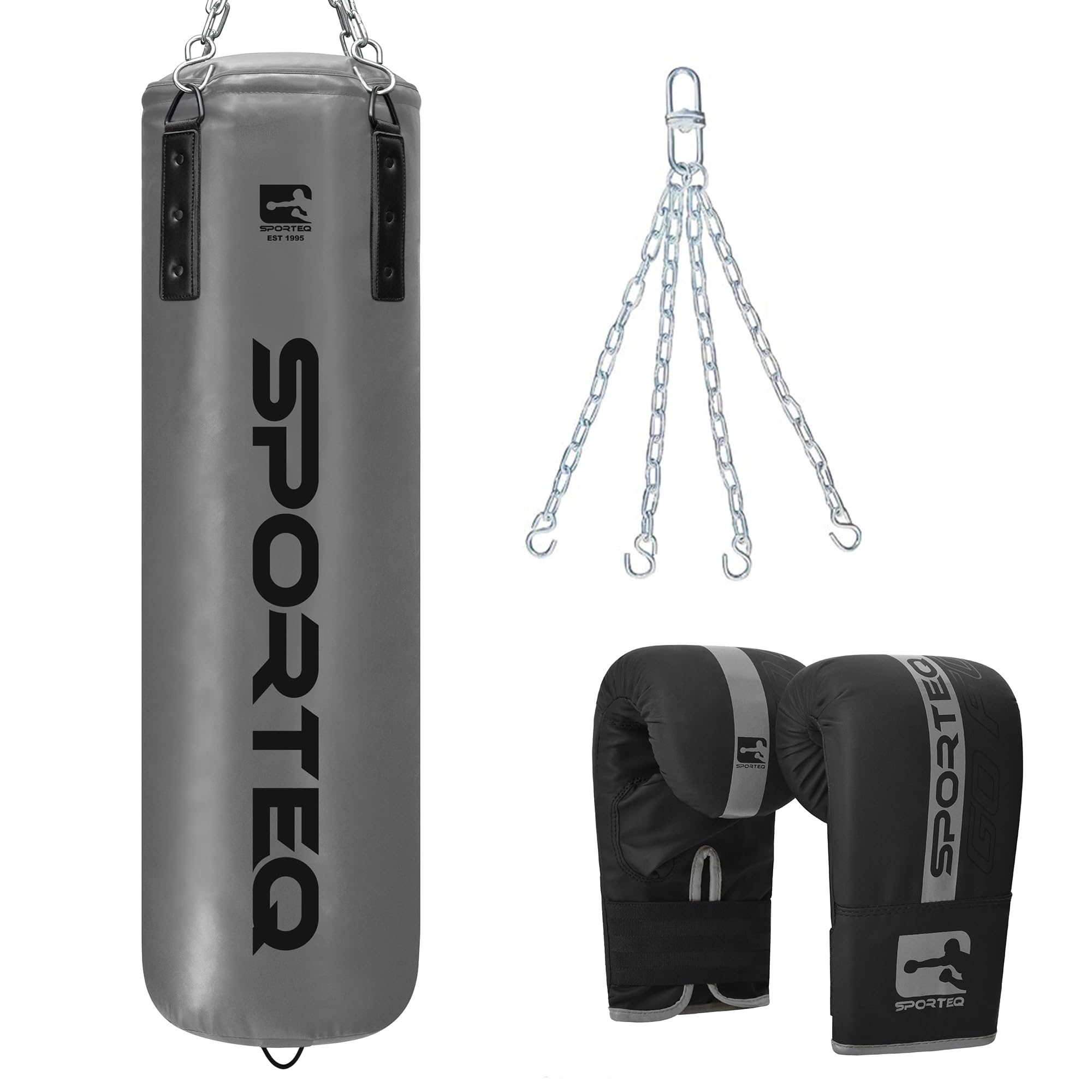 Sporteq Dyno Heavy Boxing Filled Punching Bag 3FT, 4FT & 5FT for All Ages & Genders | Martial Arts Kickboxing Muay Thai Karate | Home & Commercial Gym Use (Grey, 5FT)