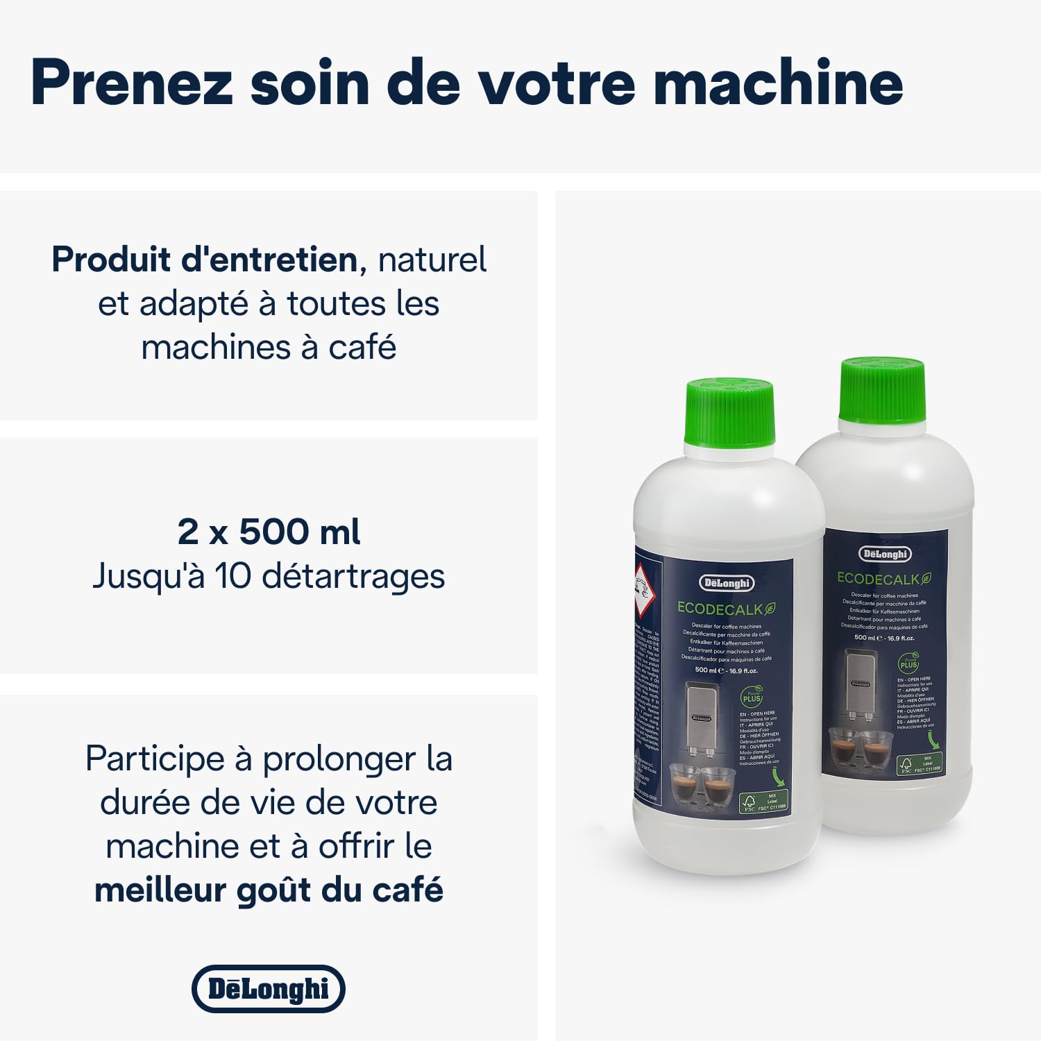 De'Longhi EcoDecalk DLSC502 Détartrant pour Cafetières Expresso Broyeur 2 x 500 ml