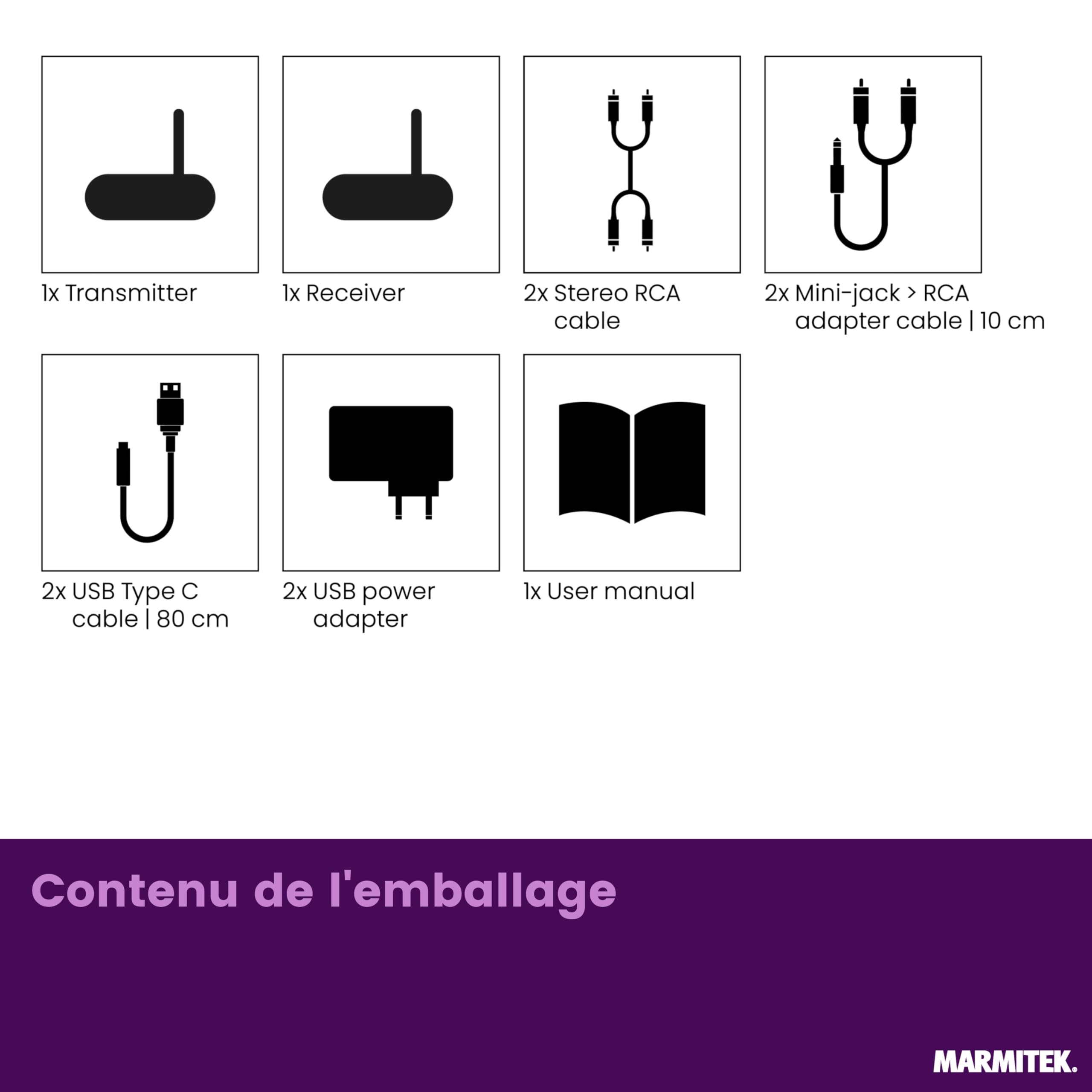 Marmitek Audio Anywhere 630 Émetteur récepteur Audio sans Fil Son TV vers chaîne Hi-Fi Qualité CD numérique Faible Latence Multiroom RCA Cinch Alimentation USB-C