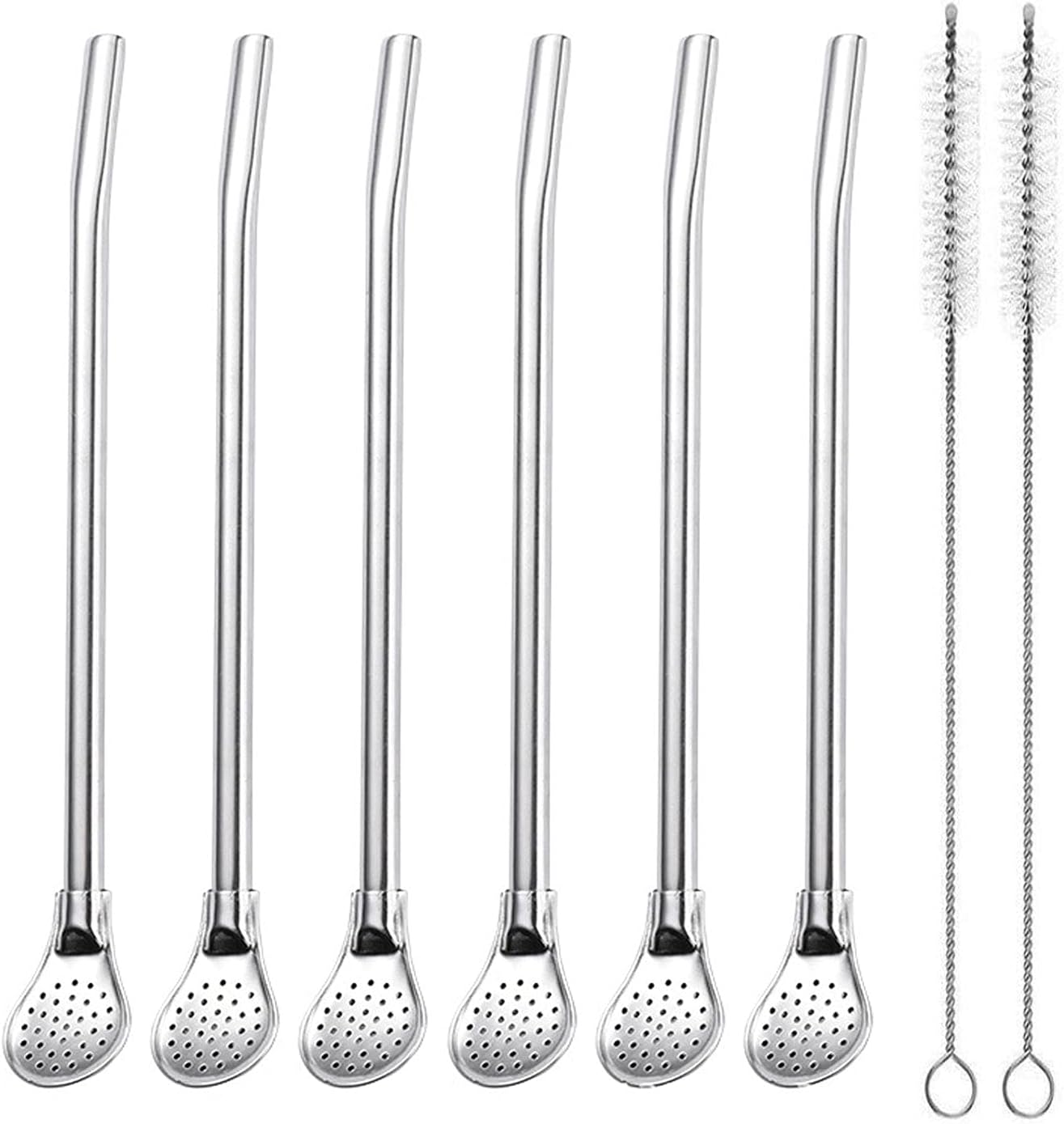 Reusable Stainless Steel Drinking Straws with Filter Spoon 6 Pieces Yerba Mate Tea Bombilla Drinking Straws with 2 Pieces Cleaning Brushes Set, 7.1inch Long