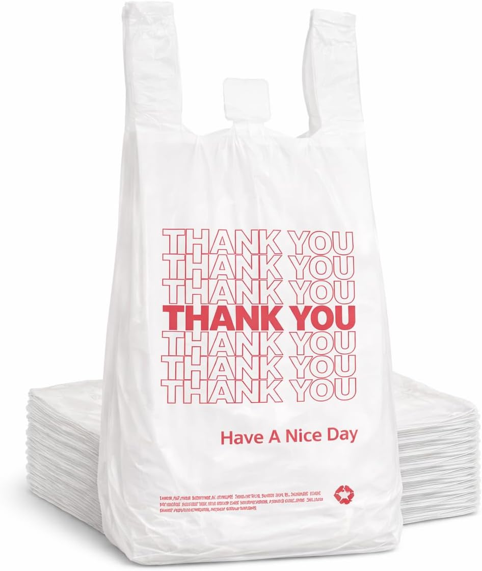 Thank You T-Shirt Plastic Grocery Bags, HDPE, 21 x 11.5 x 6 Inches, White with Red Print, 1000 Count, Strong Tear Resistant