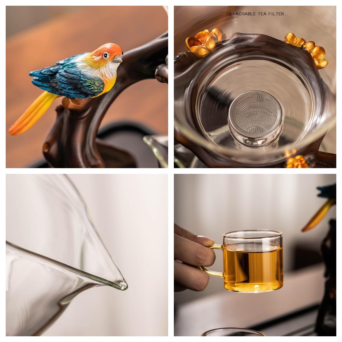 Lazy Kungfu Service à thé créatif en verre avec bol rotatif semi-automatique avec infuseur (oiseau avec 6 tasses)