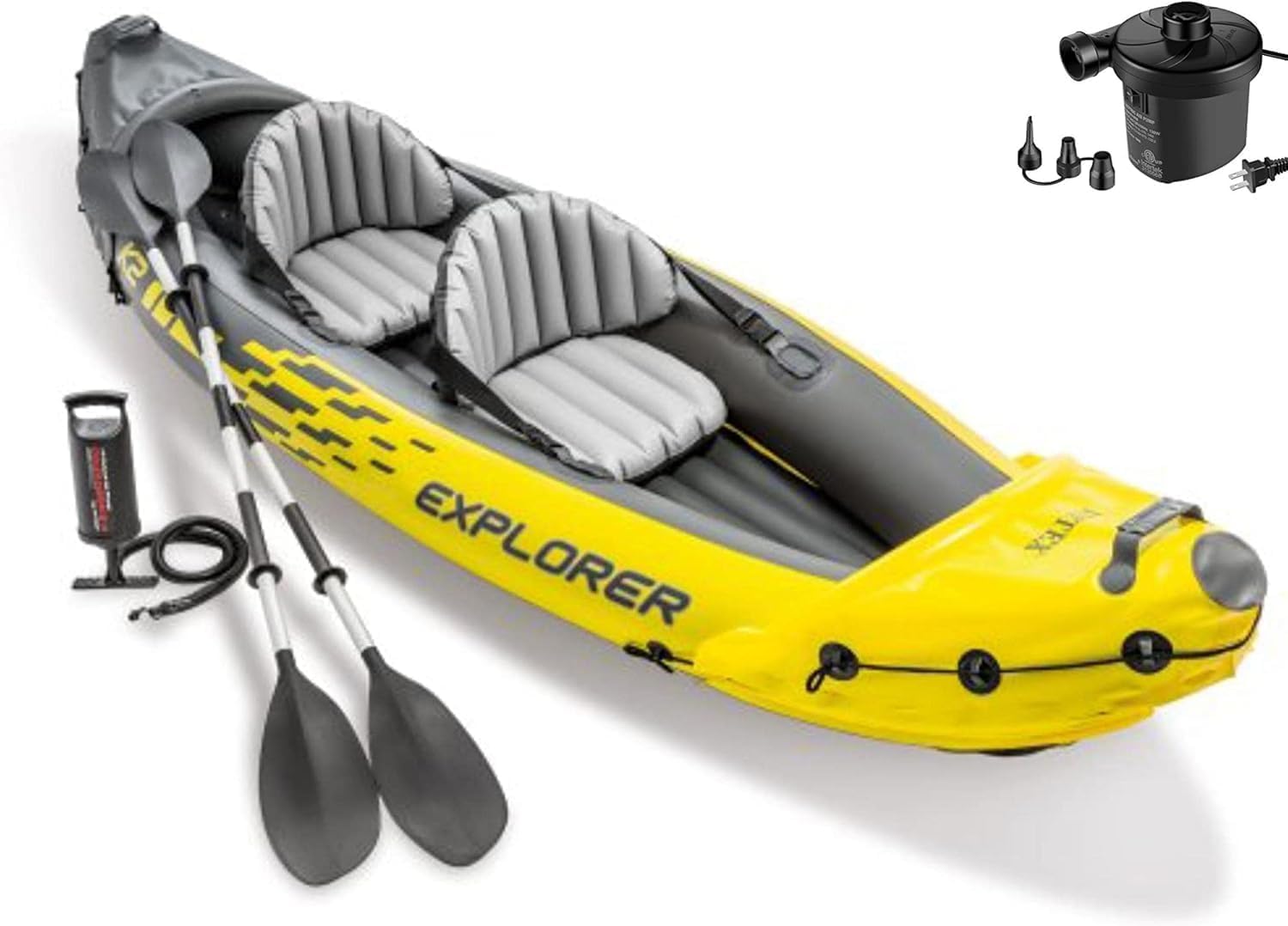 Intex Explorer K2 Kayak, 2-Person Inflatable Kayak Set with Two Aluminum Oars, Manual & Electric Pumps, Yellow Intex Explorer K2 Kayak, 2-Person Inflatable Kayak Set with Two Aluminum Oars, Manual & Electric Pumps, Yellow