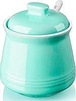 Vista 9 de Azucarera DAYYET con tapa y cuchara, azucarero de cerámica de 12 oz con cuchara, recipiente de azúcar para barra de café, tarro de azúcar con Blanco