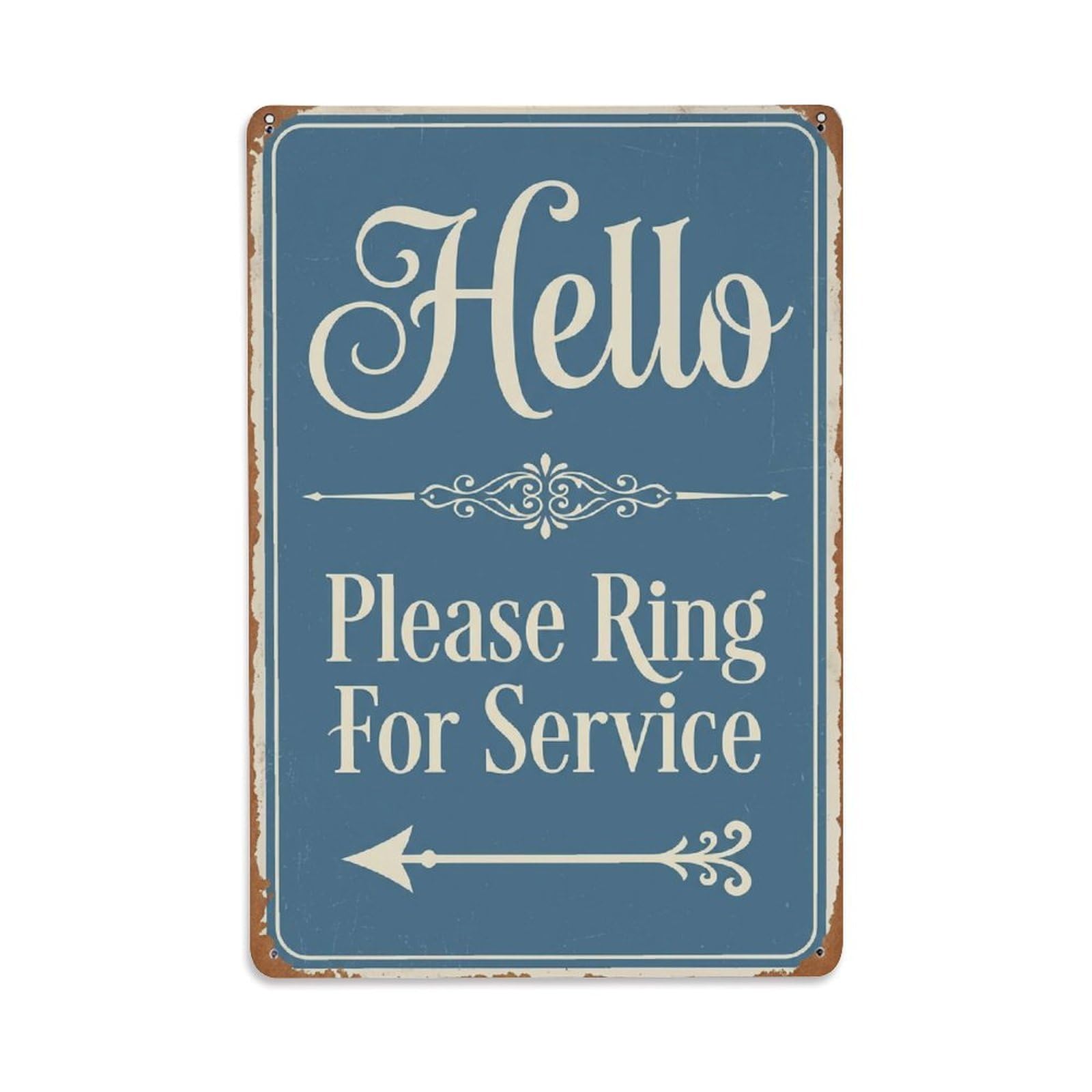 Metal Tin Sign Vintage Hello Please Ring For Service Arrow Ornate