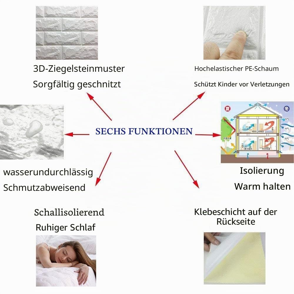 3D Fliesenaufkleber, DIY Wasserdicht Selbstklebend Wandaufkleber, Steinoptik dekorative Ziegel Tapete für Zur Wanddekoration (Weiß, 12 Stück)