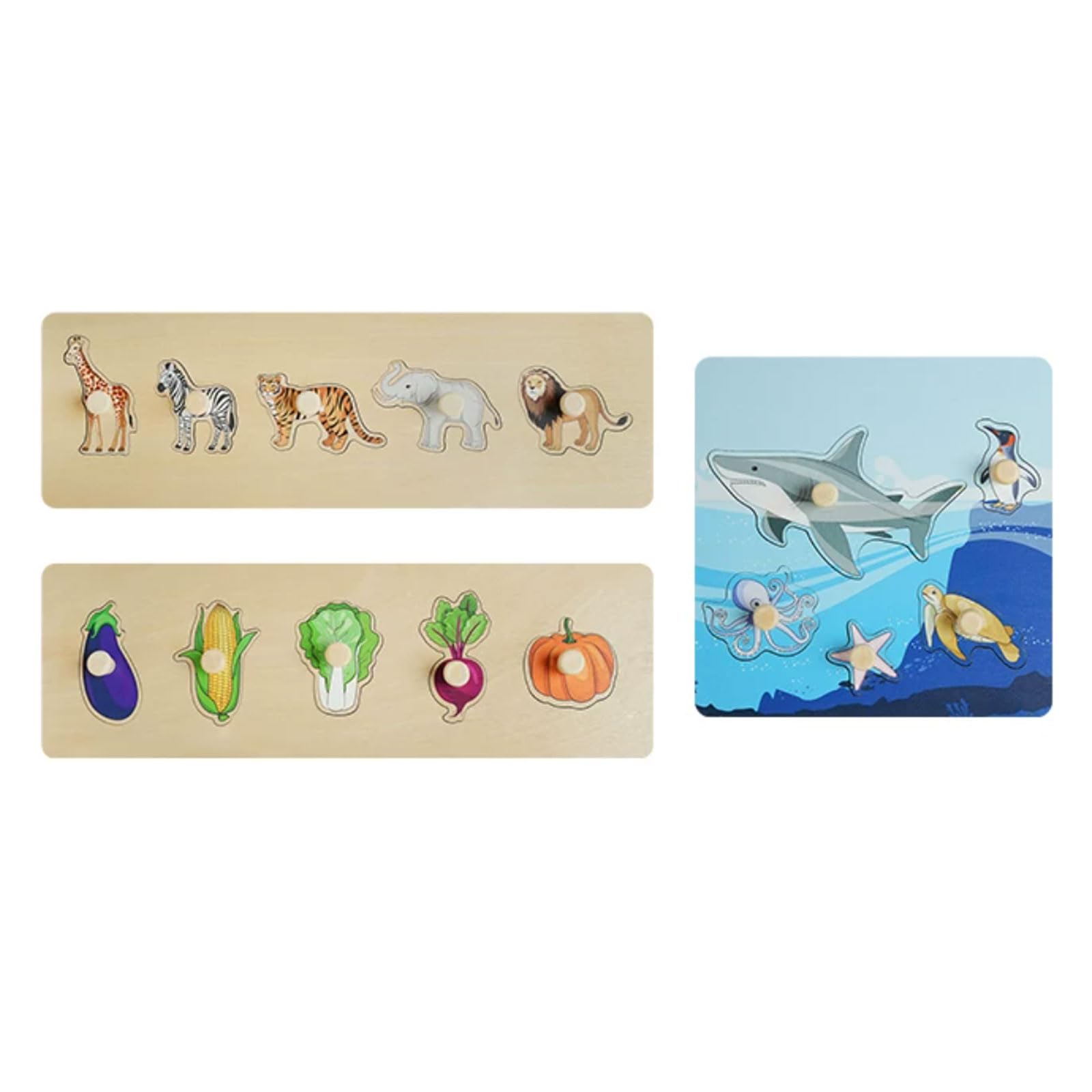 ttnmrc Montessori Toddler Wooden Knob Peg Puzzle | Animal Vegetable Sea Life Inset Board | Baby Early Cognition Fine Motor Toy