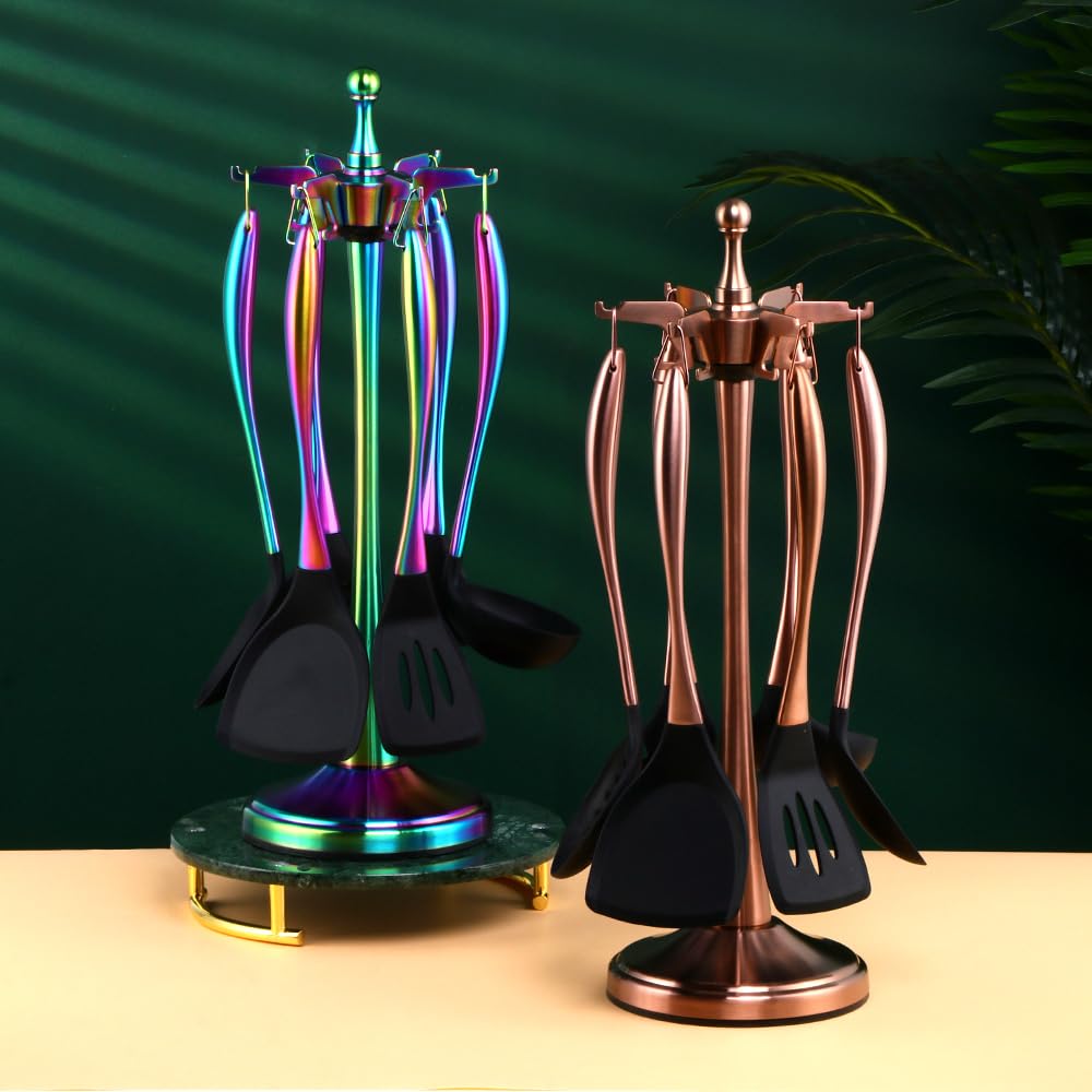 Silikon-Küchenhelfer-Set, 7-teilig, Kochutensilien mit Halter, hitzebeständig und kratzfest, Schöpflöffel, Nudelheber, Löffel, Pfannenwender, Regenbogenfarben