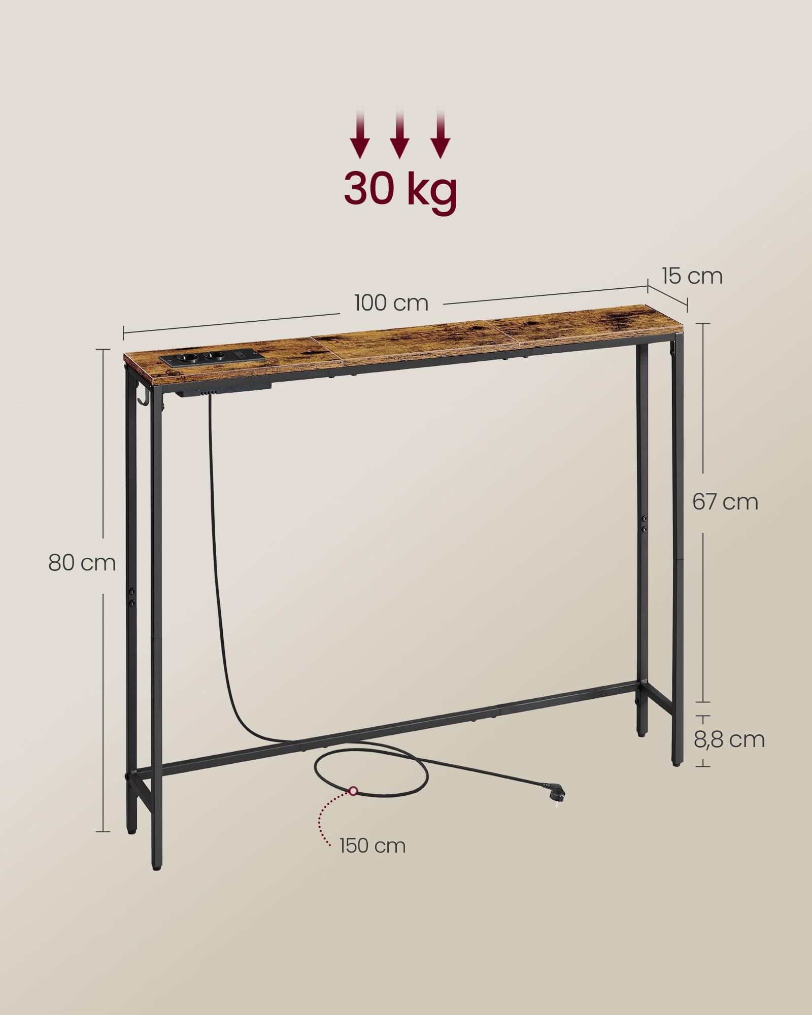 VASAGLE Tavolo Consolle con Stazione di Ricarica, Tavolo Stretto Dietro Divano, 15 x 100 x 80 cm, 1 Gancio, Montaggio Facile, Ingresso, Soggiorno, Marrone Vintage e Nero Inchiostro LNT079K02