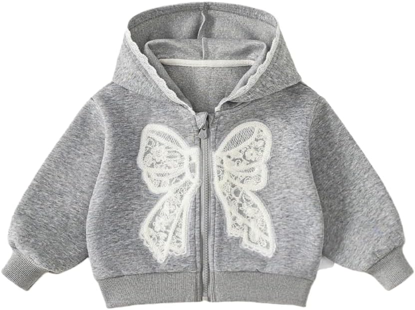 Irsutey Baby Girls Zip up Hooded Jacket Cute Lace Bow Print Autumn Long Sleeve Coat Sweatshirt Toddler Fall Clothes Grey 5-6 Years - Image 1 of 7