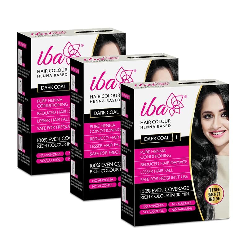 Image of Iba Hair Colour for Women - Dark Coal, 70g (Pack of 3) | 100% Pure Henna Based Powder Sachet | Natural Hair Colour & Long Lasting with Conditioning Formula | Reduced Hair Fall & Hair Damage | Shine & Nourish Hair | Free from Ammonia and Other Harmful Chemicals | Herbal Hair Powder for Hair Color | Black Henna