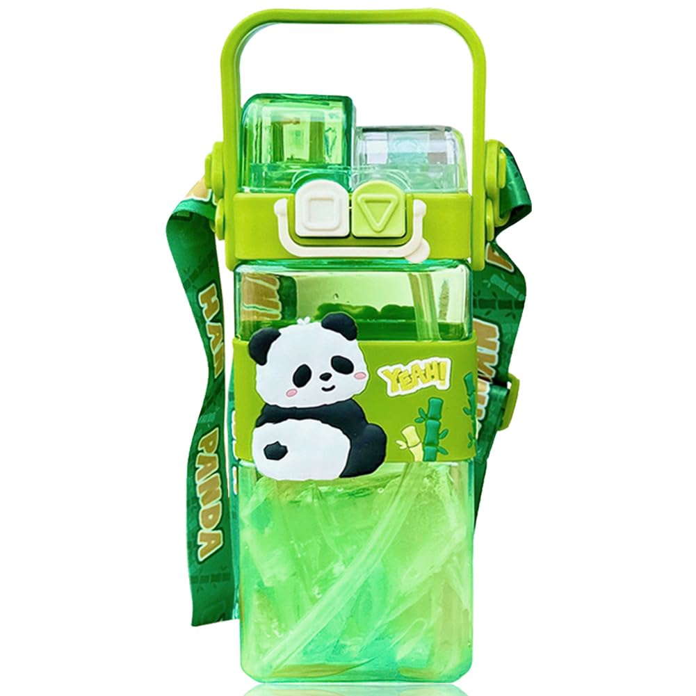 Spiritzohic Panda2 Panda Water Bottle With Straw, 520Ml Drinking Bottle Reusable Cup With Shoulder Strap Double Drinking Leakproof Bottles Cup Drink Flasks Kettle Drinks Bottles Flip Top Toddler Sippy Cups