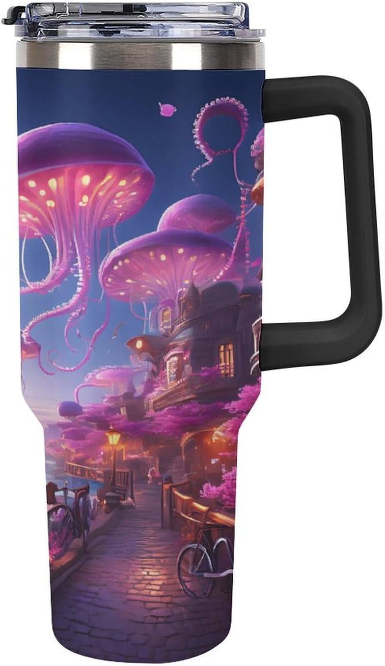 40oz Insulated Stainless Steel Tumbler with Handle, Underwater Sea Ocean Jellyfish Leakproof Water Bottles Travel Mug with Lid And Straw for Water, Iced Tea Or Coffee for Most Car Cup Holder